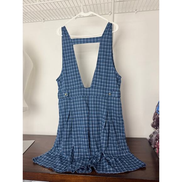 American Eagle It Knit Blue Checkered Pinafore Pleated Mini Dress XL - Picture 4 of 9
